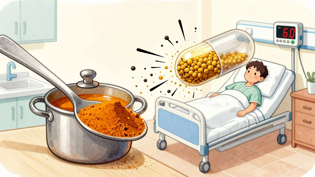 Teaspoon of turmeric in food safe, while exploded supplement capsule causes dangerous INR spike in hospital bed.