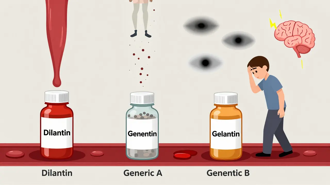 Three phenytoin pills releasing different amounts of drug into blood, with patient experiencing side effects.