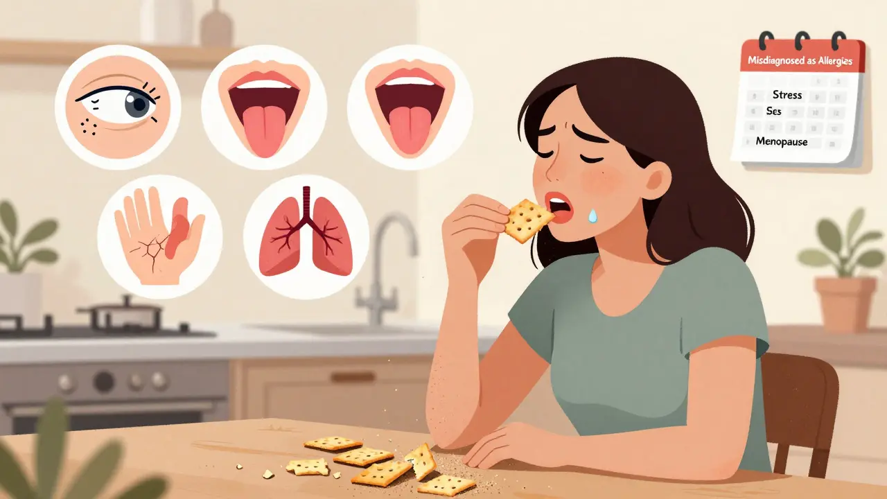Woman struggling to eat a dry cracker, with floating icons of Sjögren’s symptoms like dry eyes, cough, and numbness.