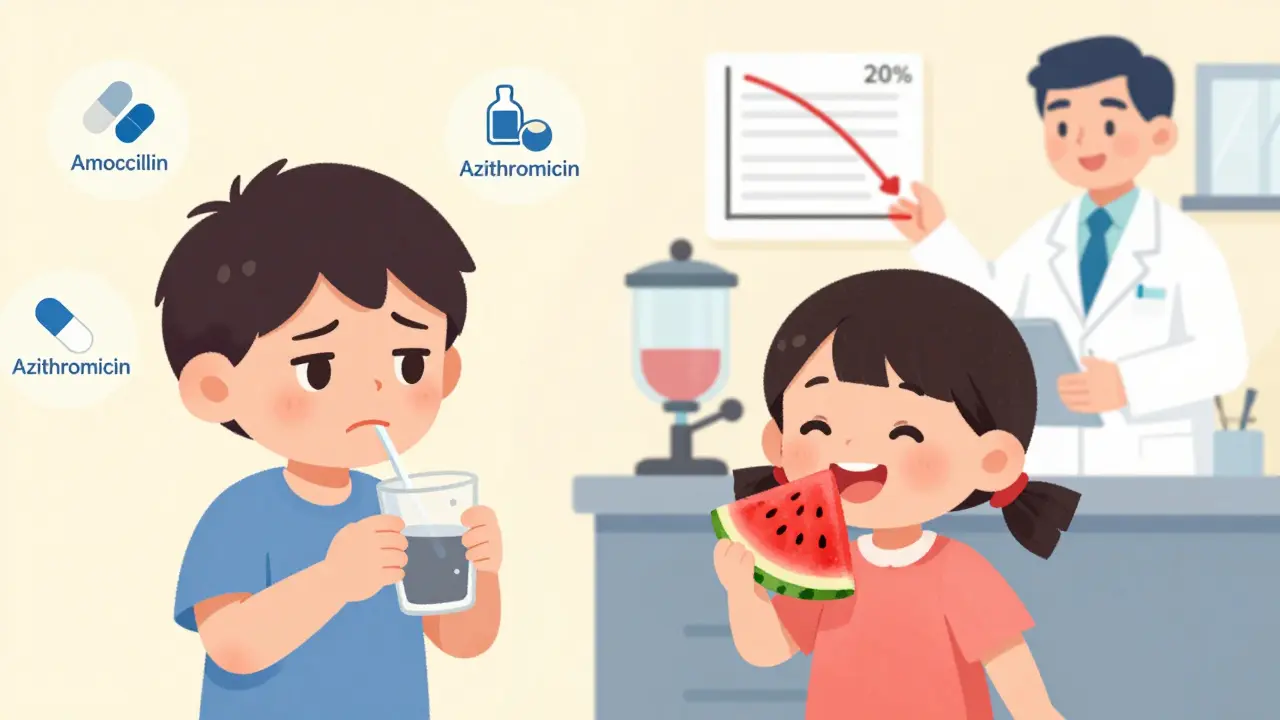 A child refuses unflavored medicine on one side, then happily takes flavored medicine on the other, with compliance stats shown.