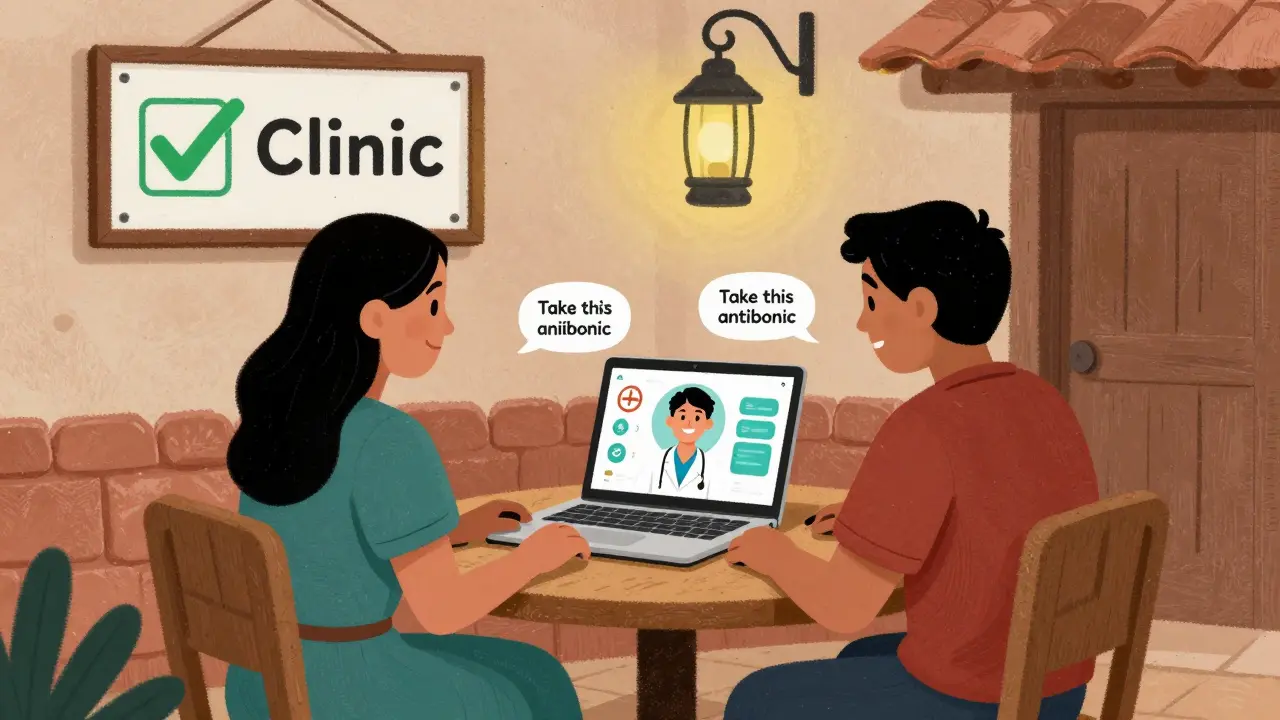 A couple video calls a doctor abroad through a travel health app, with a local clinic visible in the background.