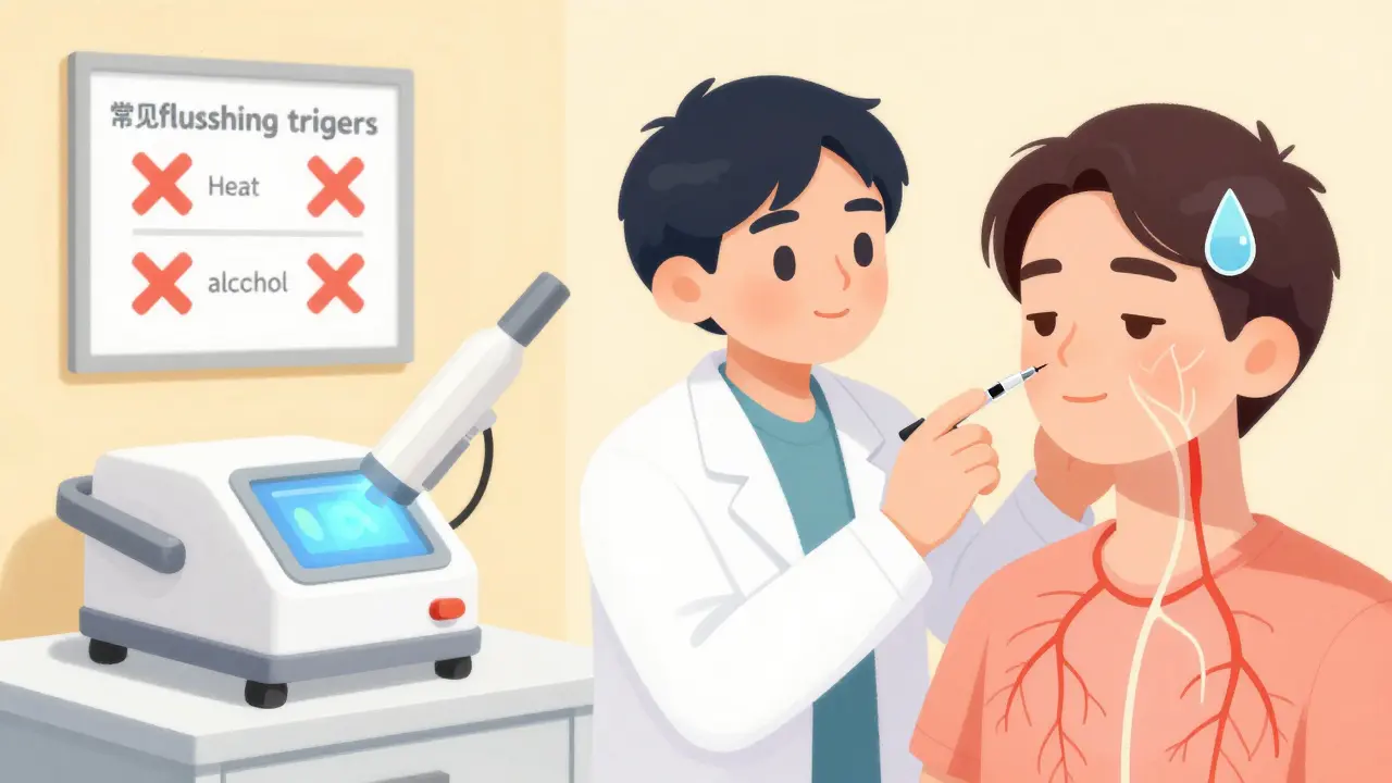 A patient receiving Botox for facial flushing, with visual representation of nerve blockade and laser therapy.