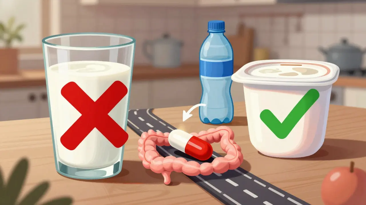 A pill blocked by dairy products, with water as the clear path for proper absorption.