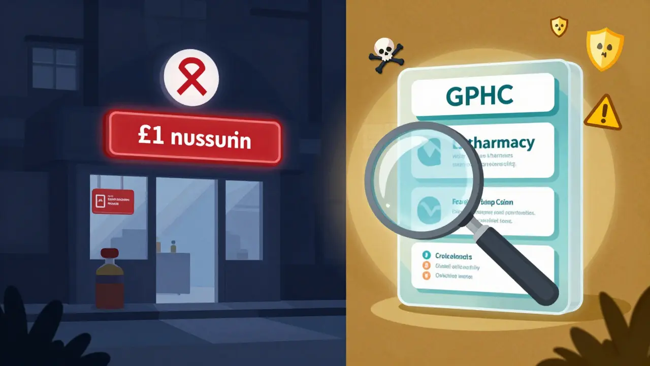 A warning contrast between a fraudulent online pharmacy and a licensed, trustworthy one.