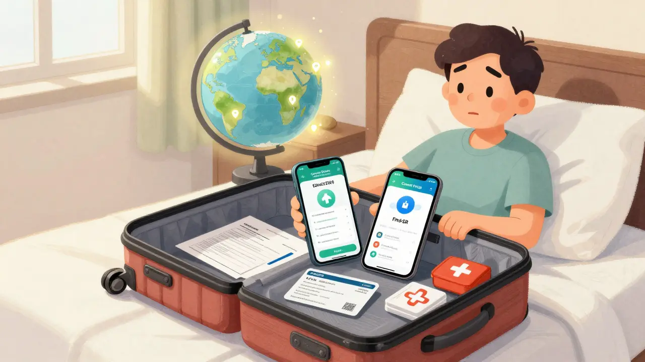 An open suitcase shows travel health apps, prescriptions, and a first-aid kit, with a glowing globe indicating international coverage.