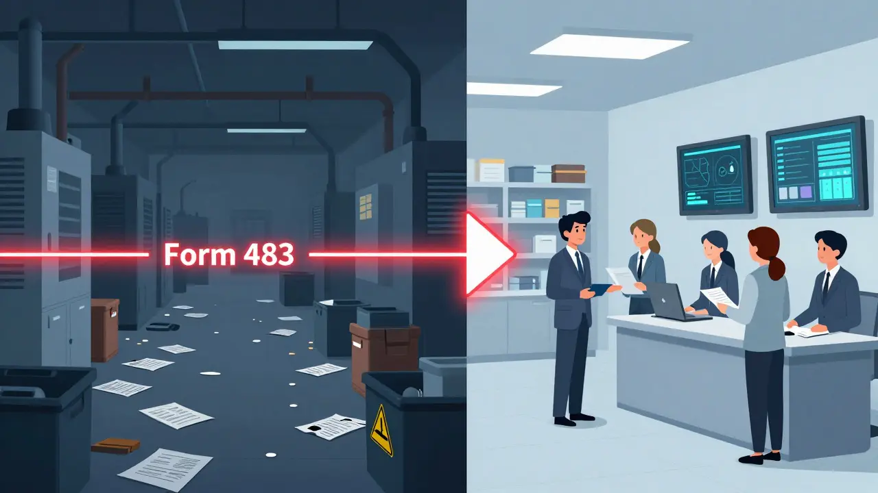 Contrasting scenes of poor and compliant manufacturing practices, connected by a Form 483 notice.