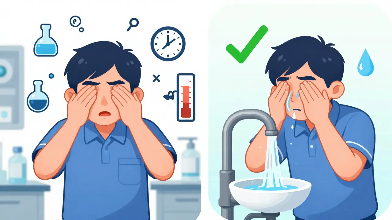 Contrasting scenes: rubbing eye vs. proper flushing under eyewash station with timing and pH indicators.