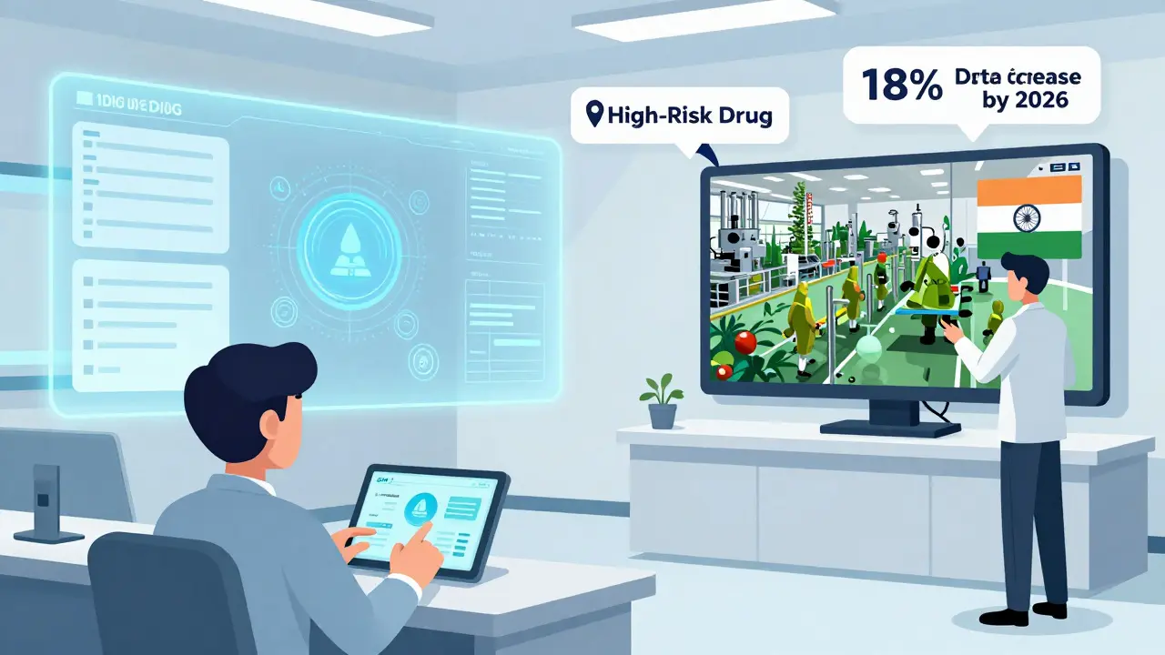 Digital FDA inspection room with holographic data and remote monitoring of international facilities.
