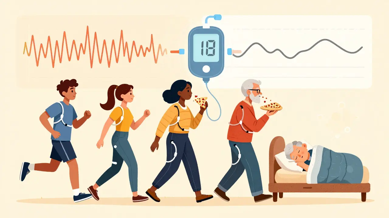Diverse individuals go about daily activities with closed-loop systems, while an algorithm smoothly adjusts insulin, contrasting chaotic vs. stable glucose levels.