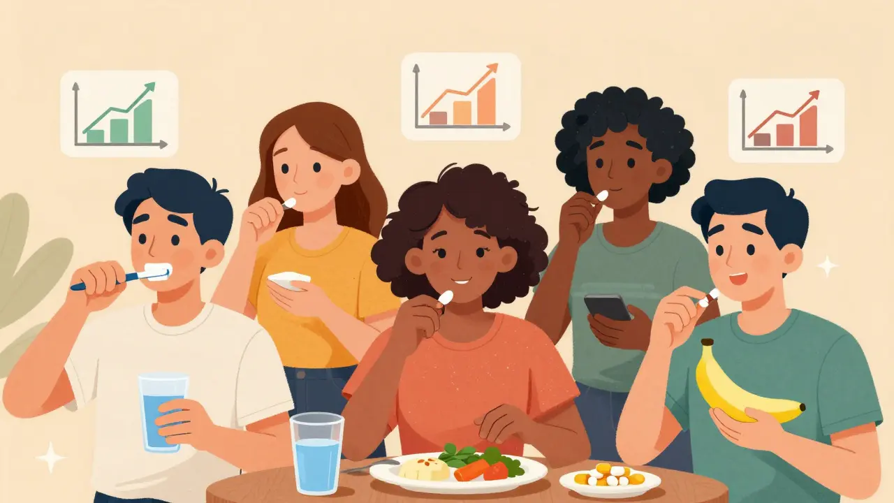 Diverse individuals taking meds at different times of day with food cues for consistency.