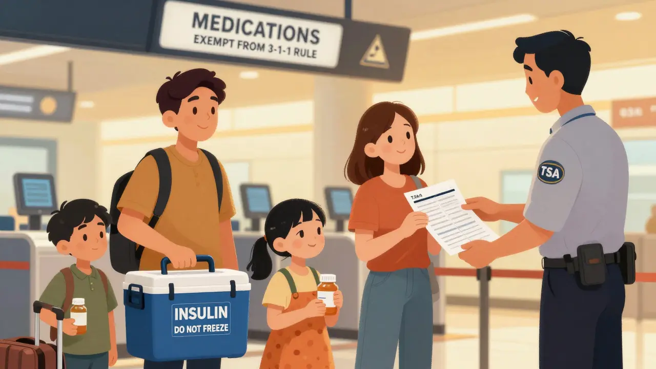 Family at airport security handing printed medication guidelines to a TSA officer with a labeled cooler.