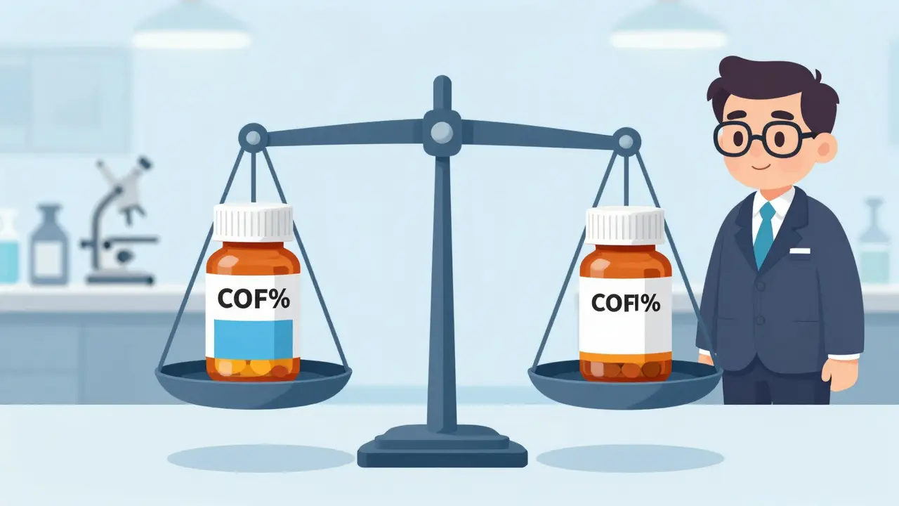 Identical pills balanced on scale under regulatory official, different packaging