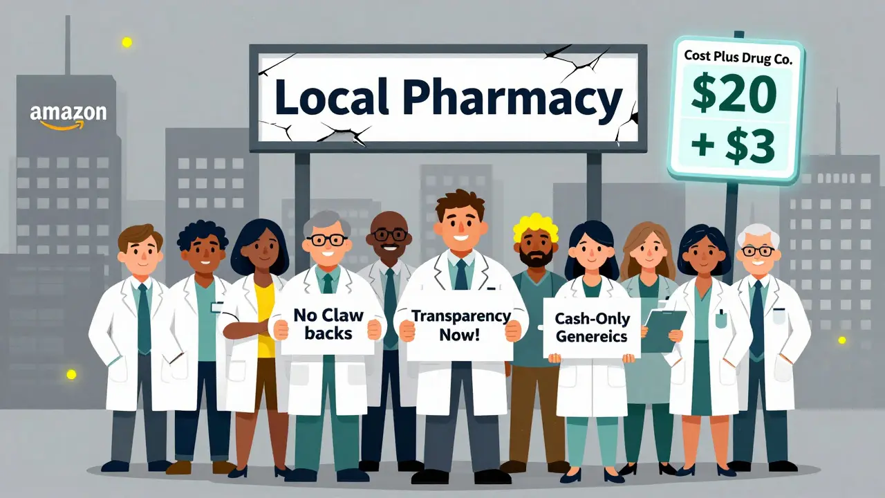 Independent pharmacists protest against corporate pharmacies, holding signs for transparent pricing.