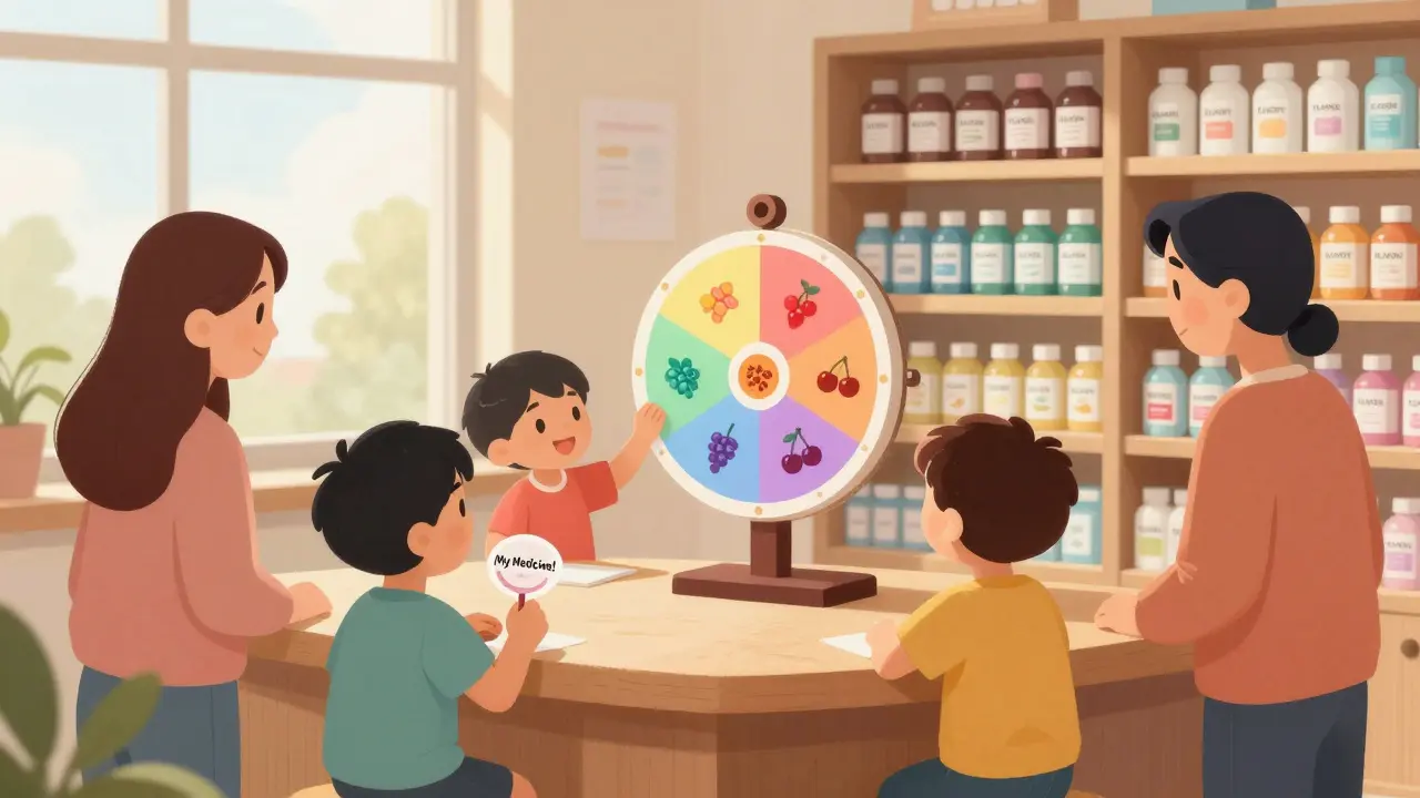 Kids choose from a flavor wheel at a pharmacy counter while parents watch, with labeled medication bottles in the background.