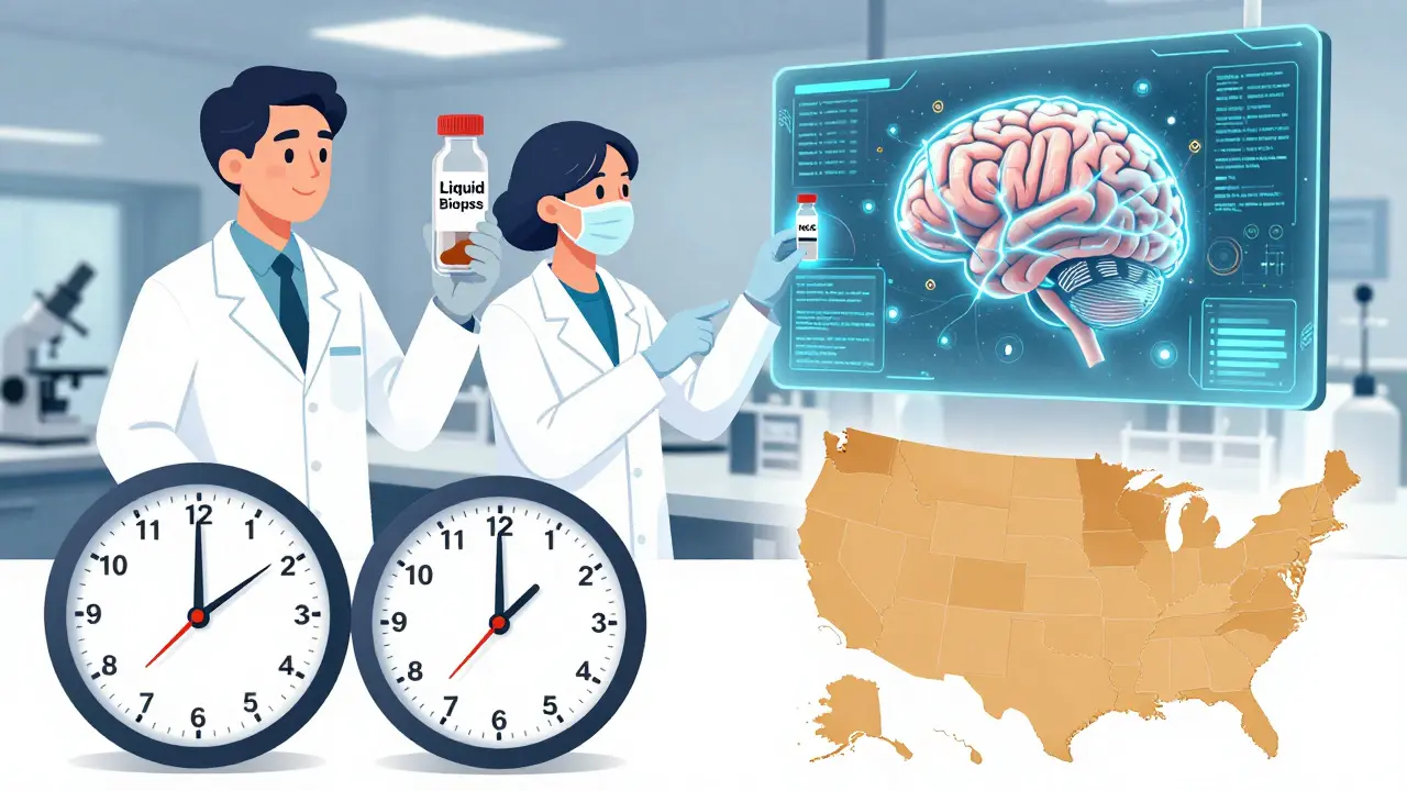 Lab technicians and AI analyzing genetic data, with a clock and U.S. map showing testing delays and disparities.