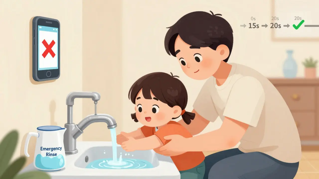 Parent helping child rinse eye at home sink, emergency pitcher visible, smartphone showing incorrect advice.