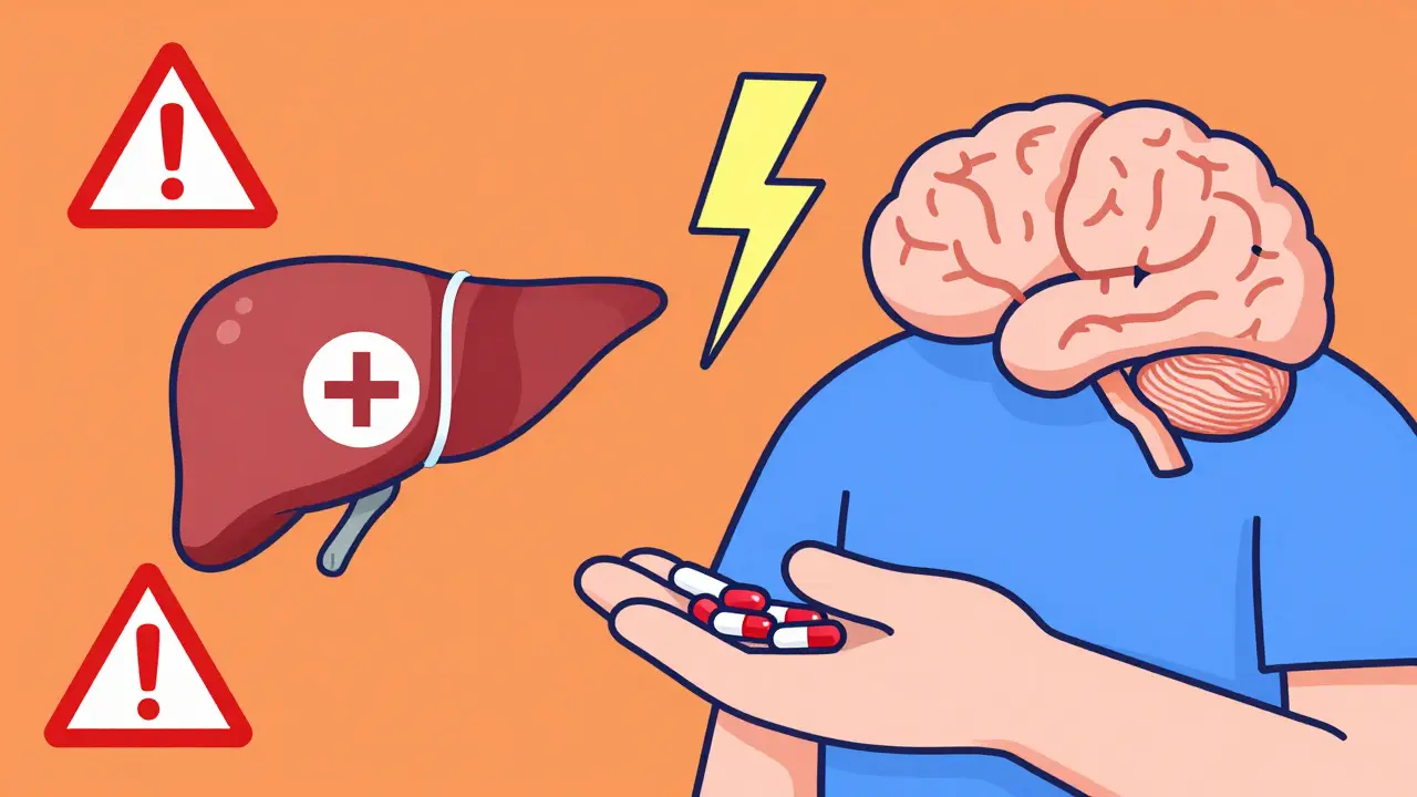 Person holding tramadol and antidepressant pills with liver blockage and seizure brain symbol