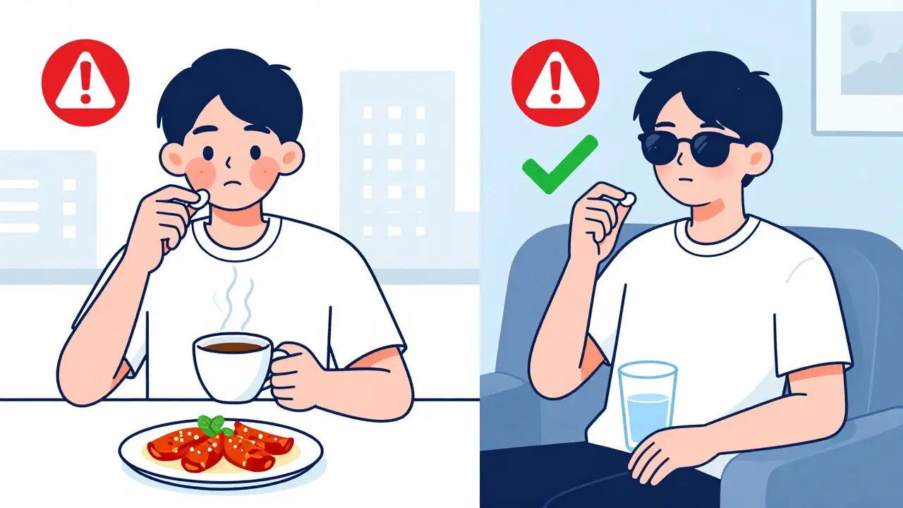 Split illustration comparing flushing triggers versus relief strategies for medication-induced redness.