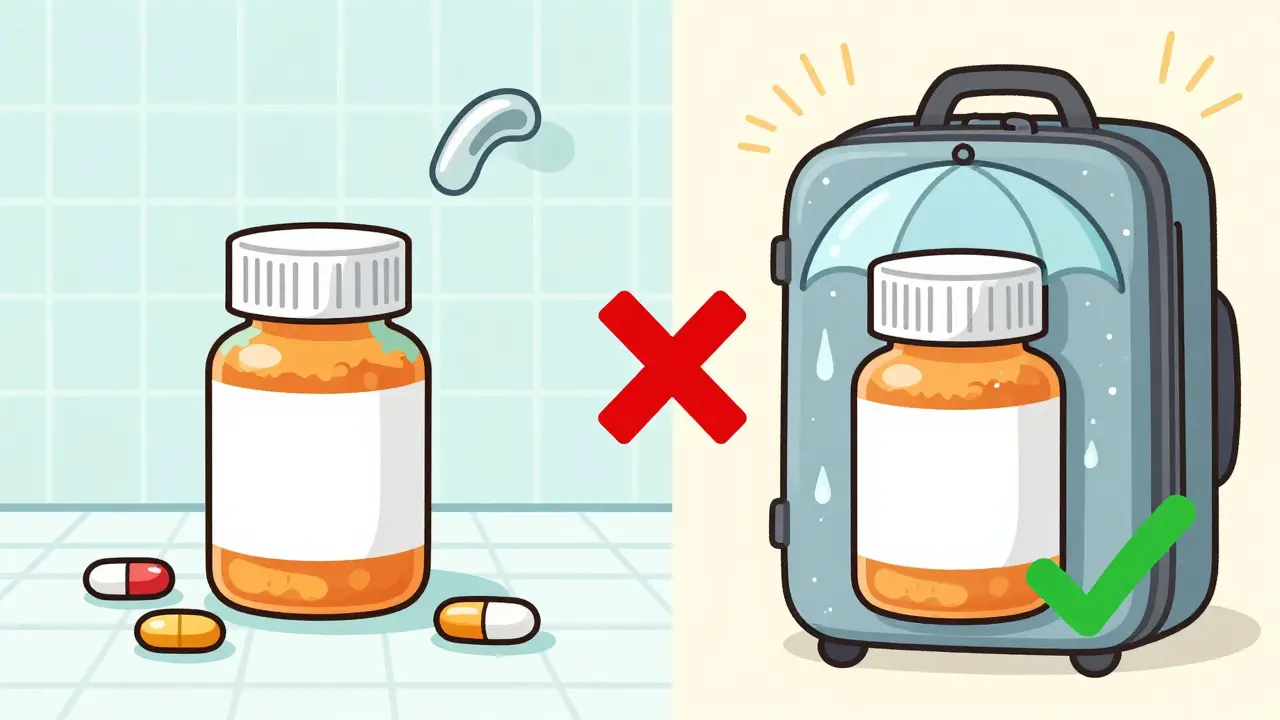 Split image showing medication degradation in a humid bathroom versus safe storage in a travel bag.