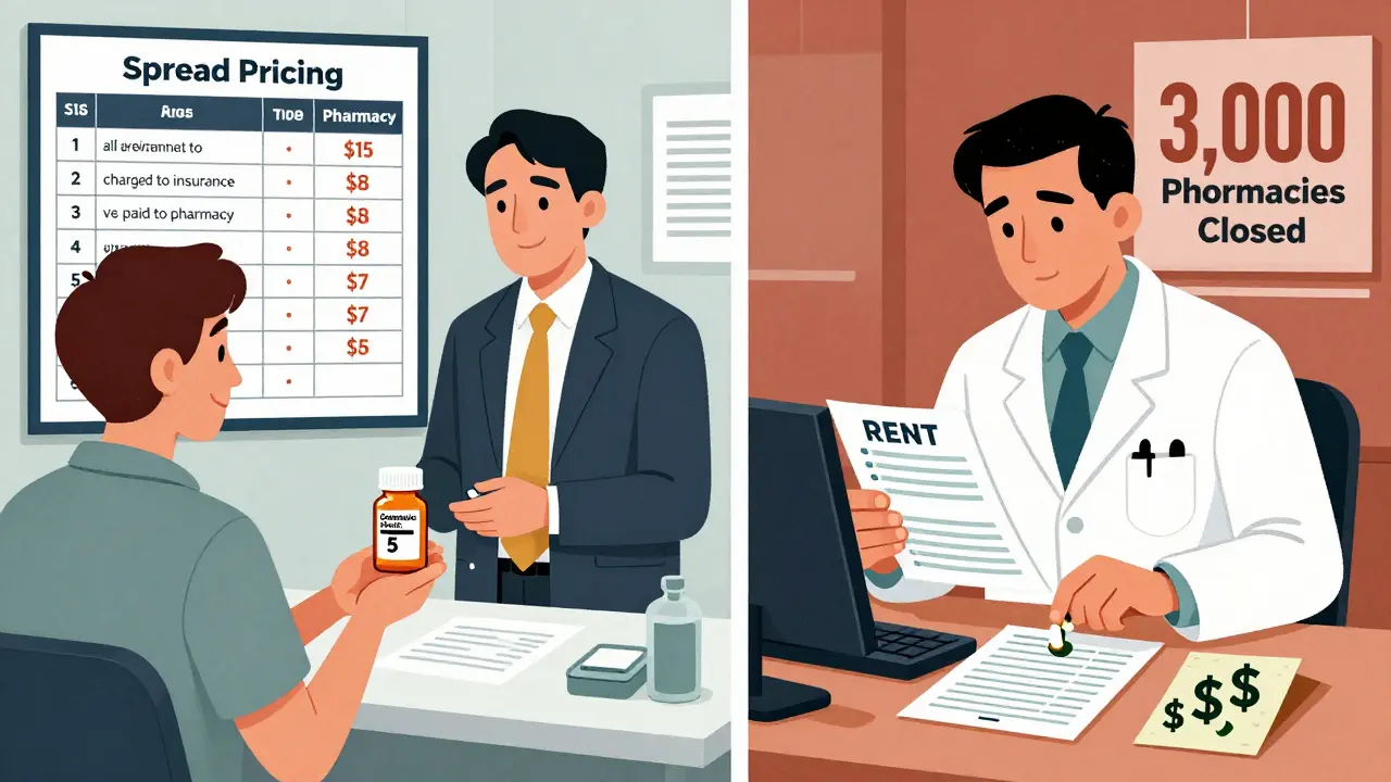 Split scene: pharmacist giving a cheap generic to a patient while PBM keeps the profit difference.