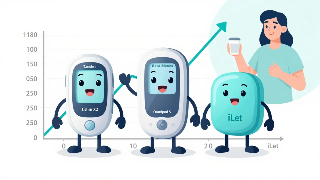 Three stylized insulin delivery systems — Tandem, Omnipod, and iLet — stand like friendly characters on a rising glucose graph with a user in the background.