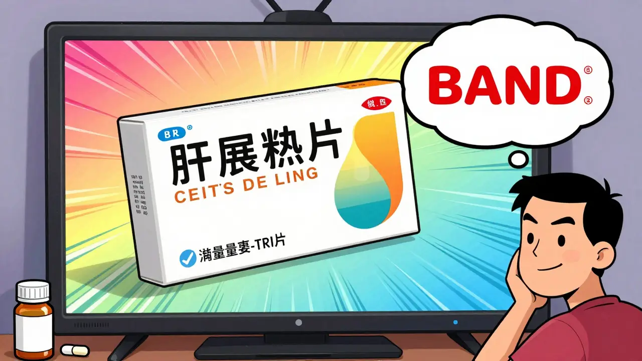 TV ad for brand drug dominates screen, generic pill barely visible in corner