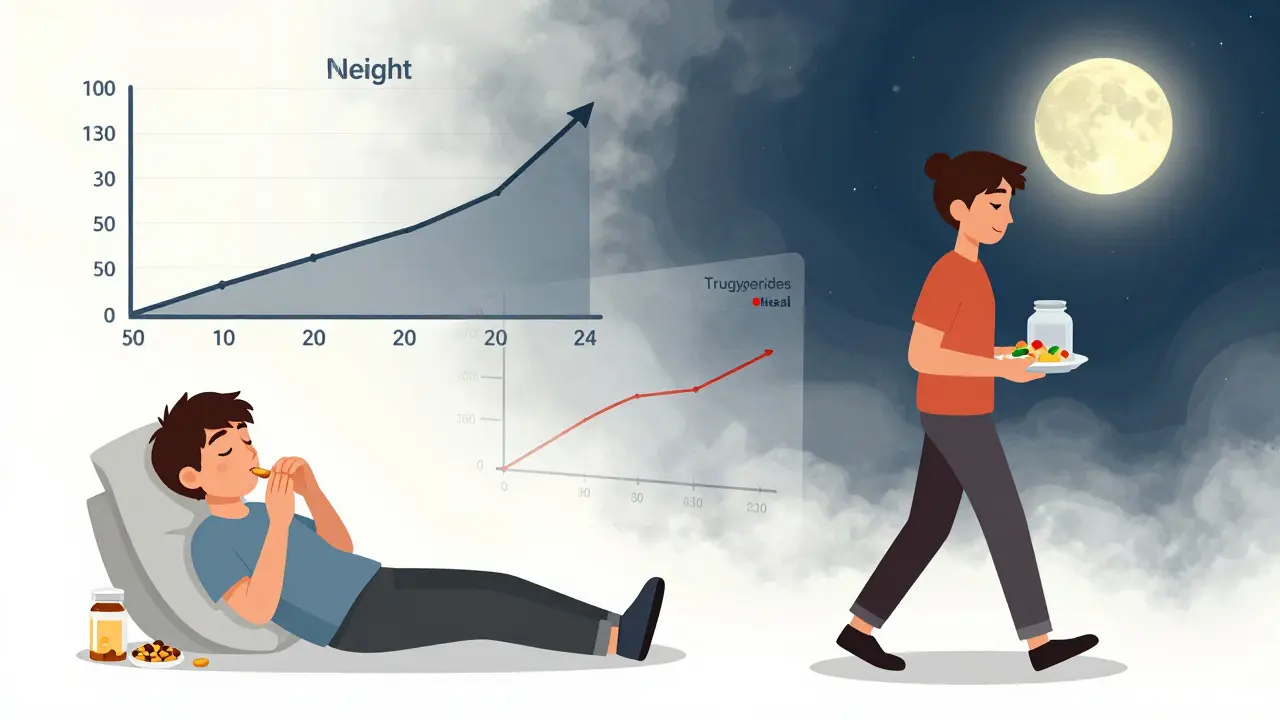 Two people taking mirtazapine: one gaining weight from snacking, the other managing it with protein and walking.