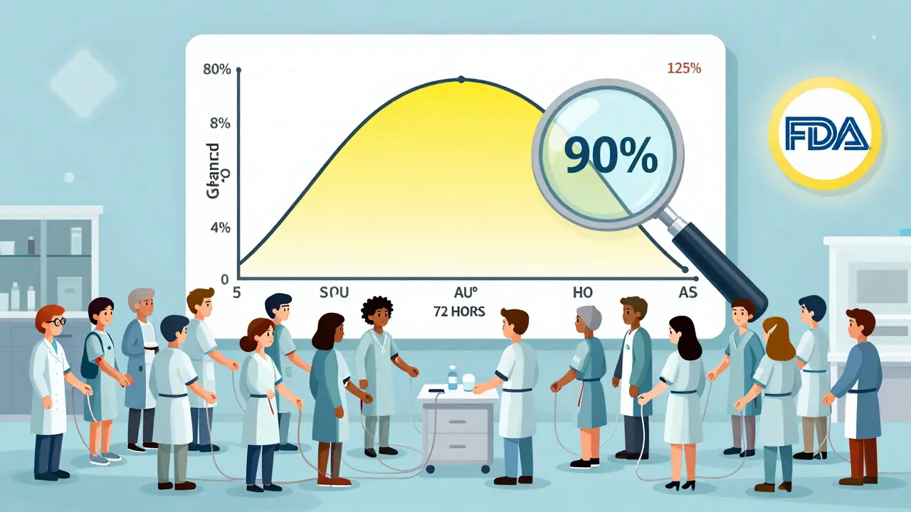 24 volunteers in a clinical trial with blood samples being drawn, and overlapping drug concentration curves showing bioequivalence testing.