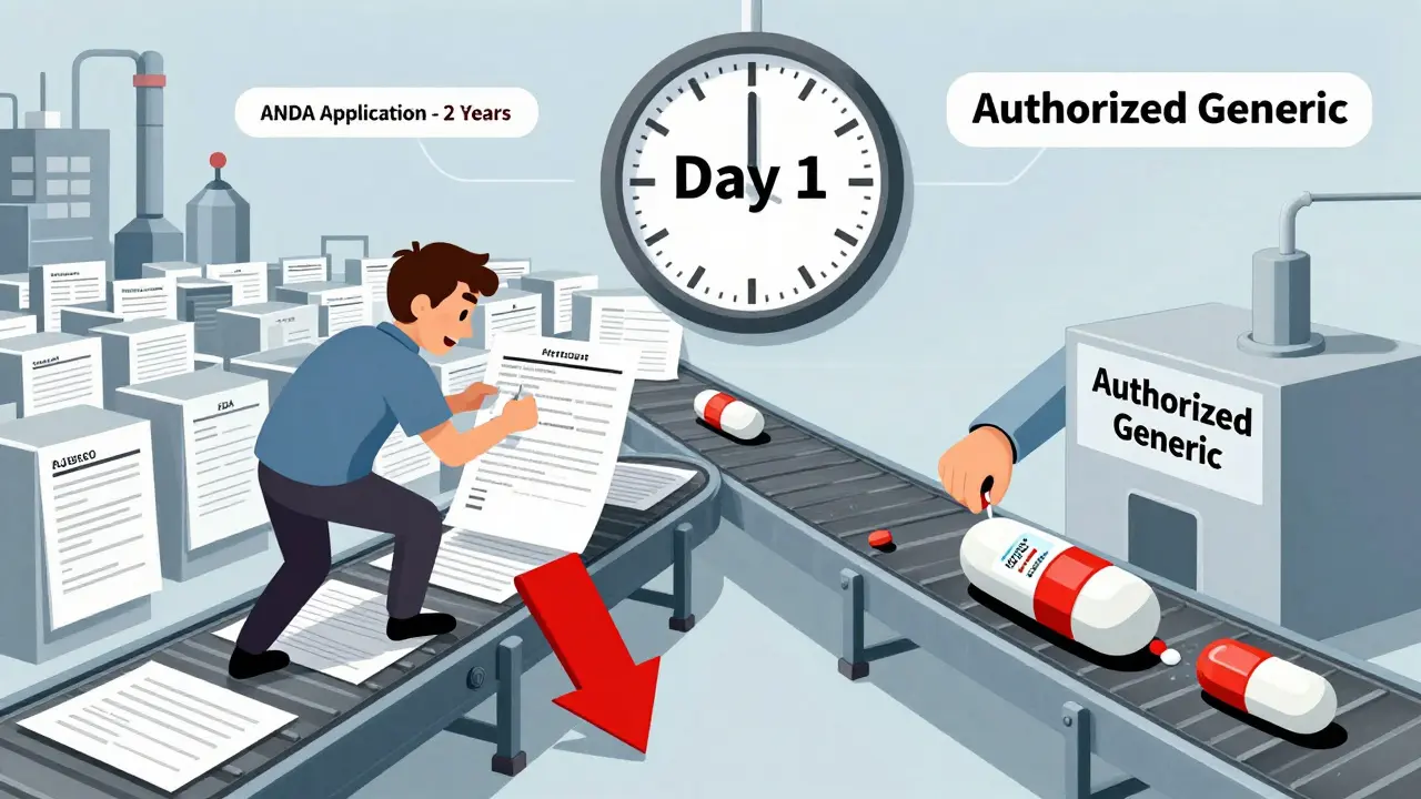 A brand company bypasses regulatory delays to launch an authorized generic while a generic manufacturer struggles with paperwork.