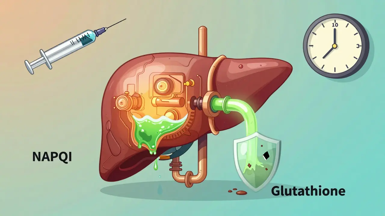 A detailed liver as a machine with overflowing toxic fluid and a crumbling antioxidant shield, with a countdown clock and NAC syringe.