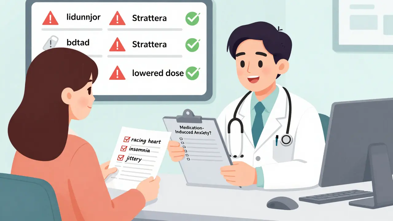 A doctor and patient reviewing a symptom log during a consultation about medication side effects.