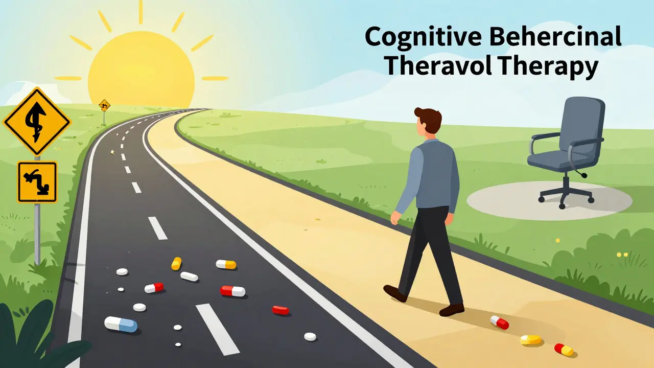 A person choosing therapy over a path filled with scattered pills.