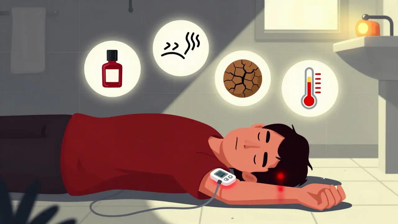 A person lies unconscious on a bathroom floor as a continuous glucose monitor flashes a red alert, with emergency symptoms floating around them.