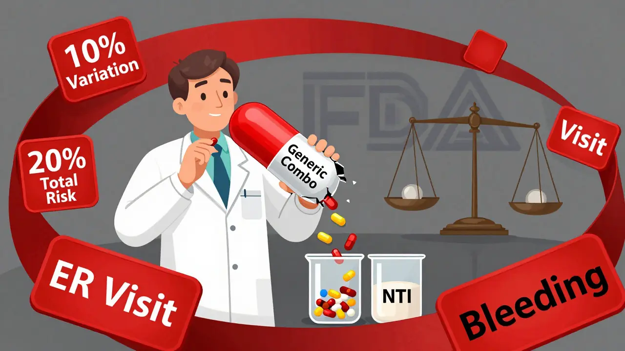 A pharmacist faces warning signs as a cracked generic pill leaks unevenly into two beakers.