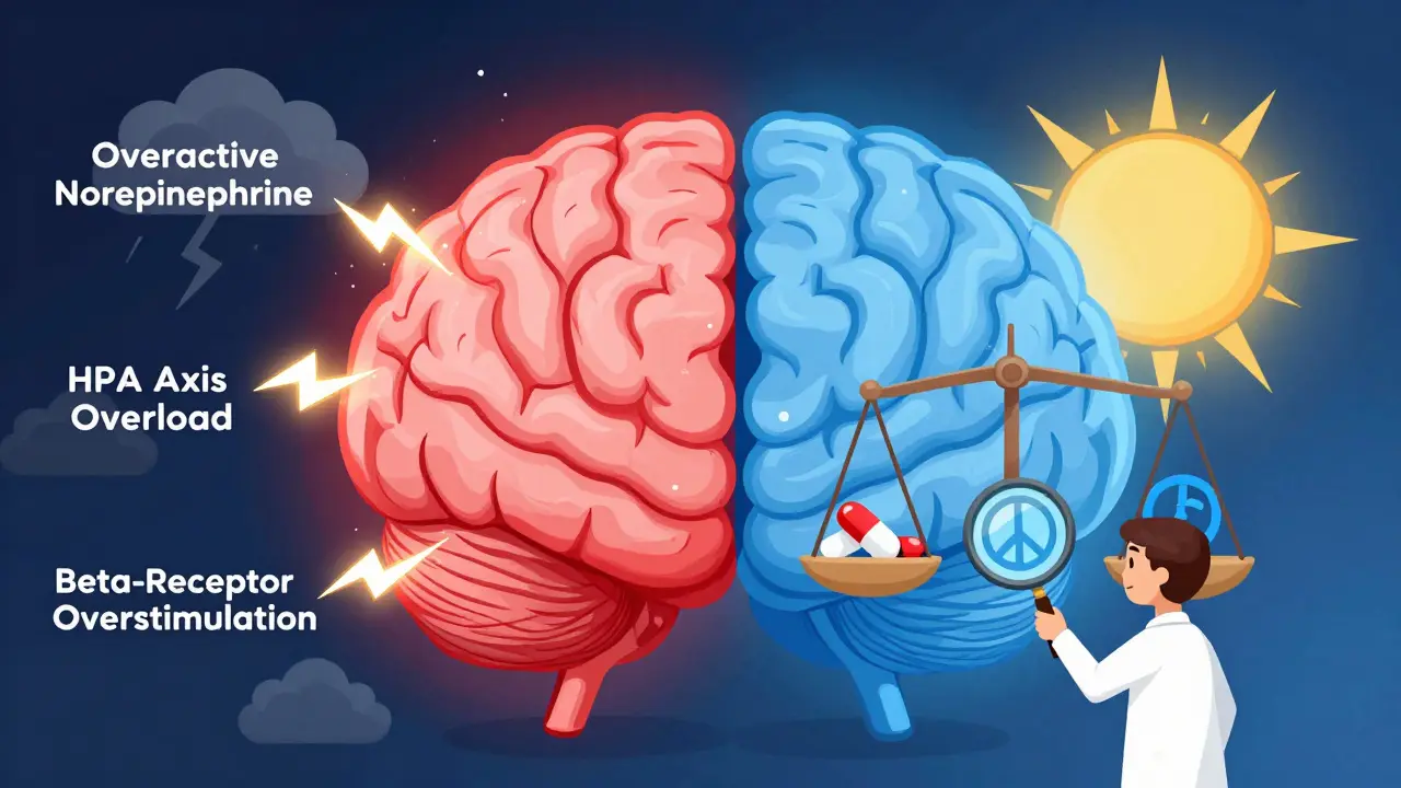 A split brain illustration showing chaotic stress signals on one side and calm balance on the other.