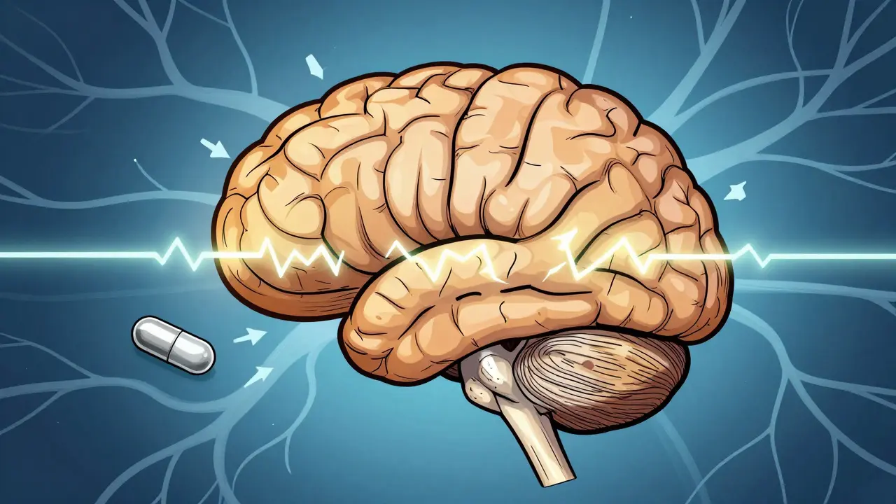 Brain diagram showing neural pathways affected by essential tremor
