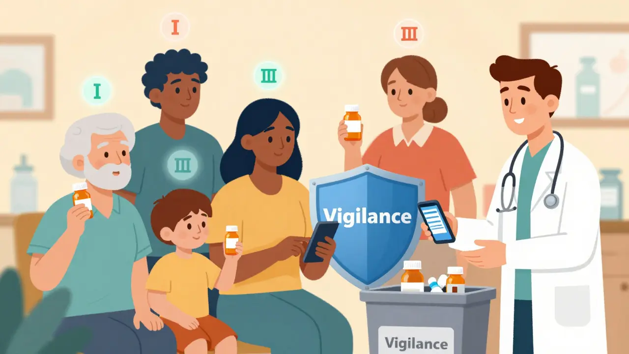 Diverse patients hold recalled medication bottles with class symbols, one checking FDA website while pharmacist offers replacement.