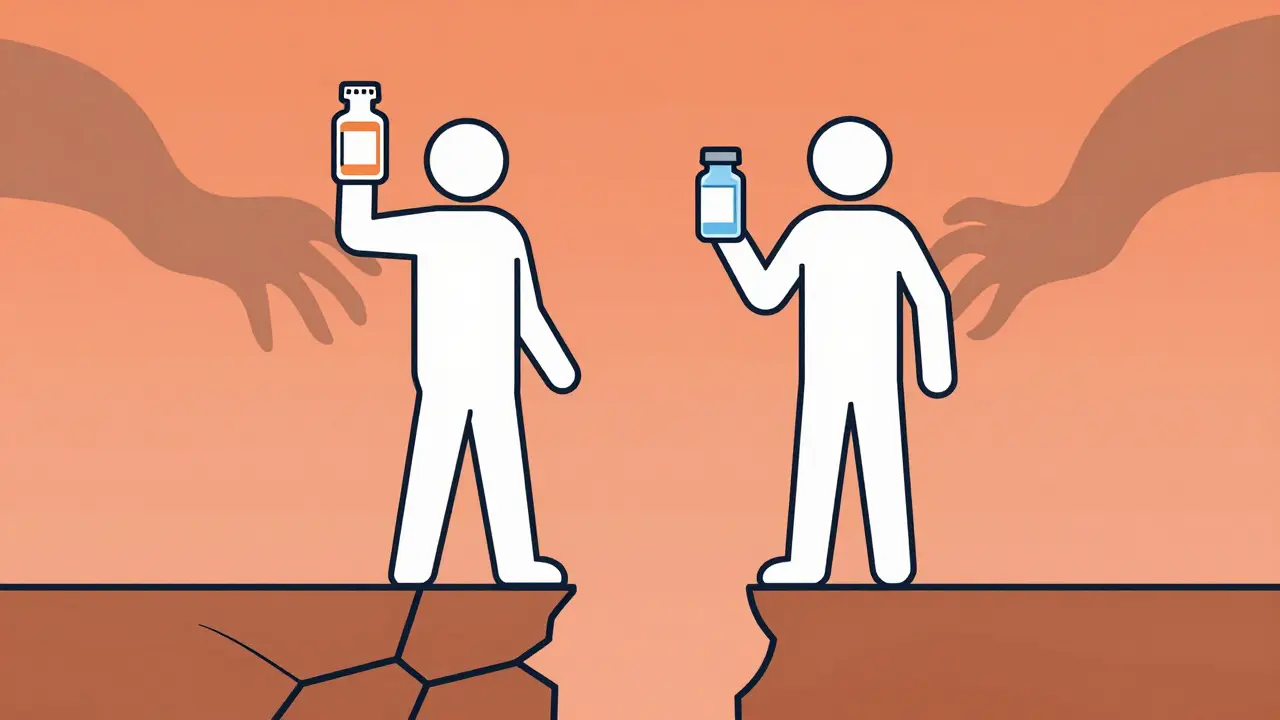 Figures balancing on a ledge holding medicine bottles with shadowy risks.