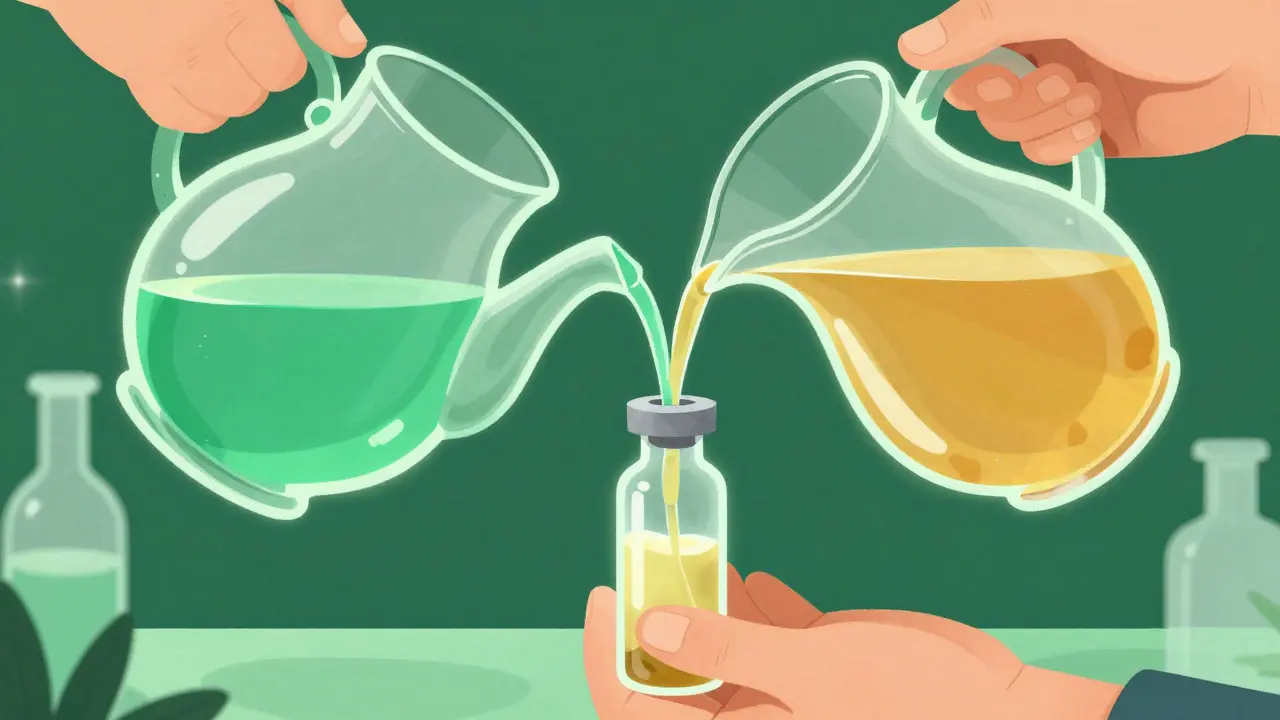 Hands pouring liquid into tiny vial from large pitcher showing dose reduction.