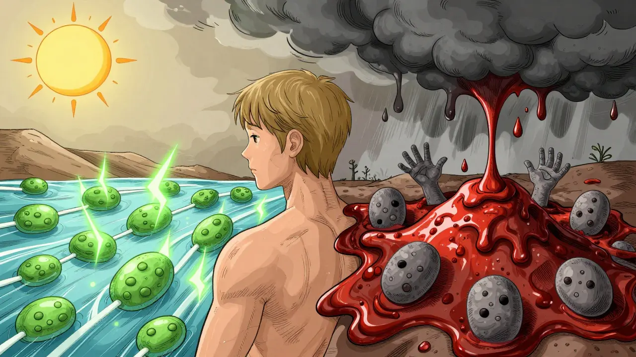 One side of a person's body shows healthy glucose absorption; the other shows sugar buildup and starved cells, with contrasting calm and stormy skies above.