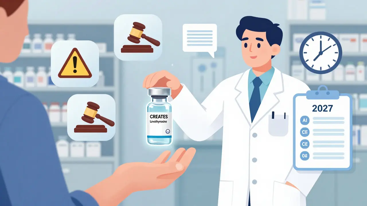 Pharmacist handing a biosimilar medication to a patient, surrounded by floating icons of regulatory and clinical challenges.