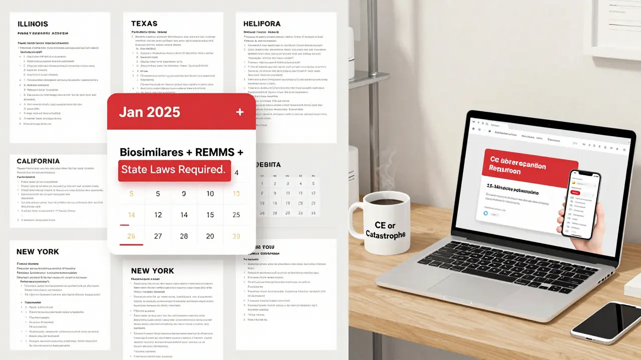 Pharmacist’s desk with state-specific continuing education requirements and a calendar alert for 2025 regulatory changes.