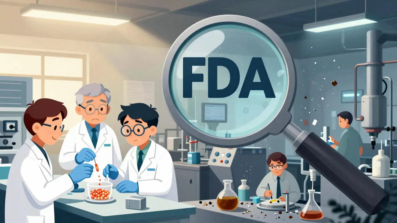 Split scene: clean U.S. lab on one side, dirty overseas factory on the other, with a giant FDA magnifying glass above both.
