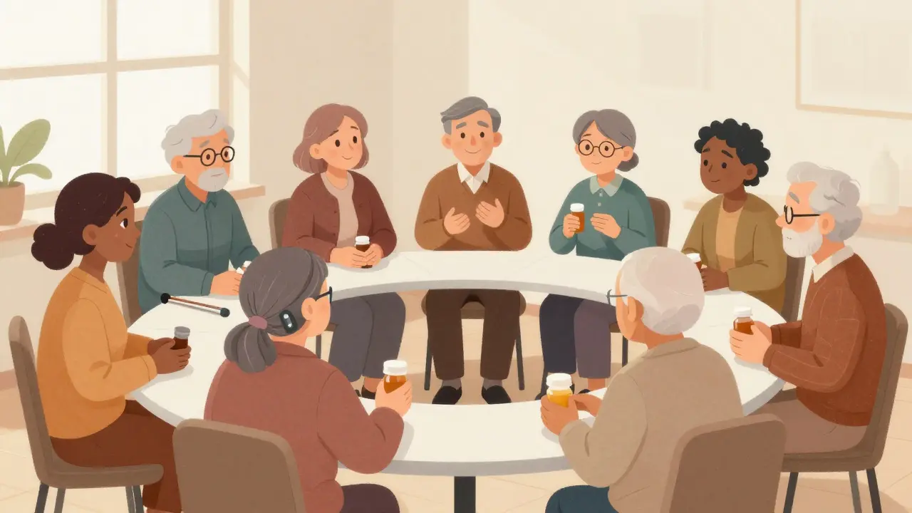 Support group meeting for essential tremor patients sharing experiences