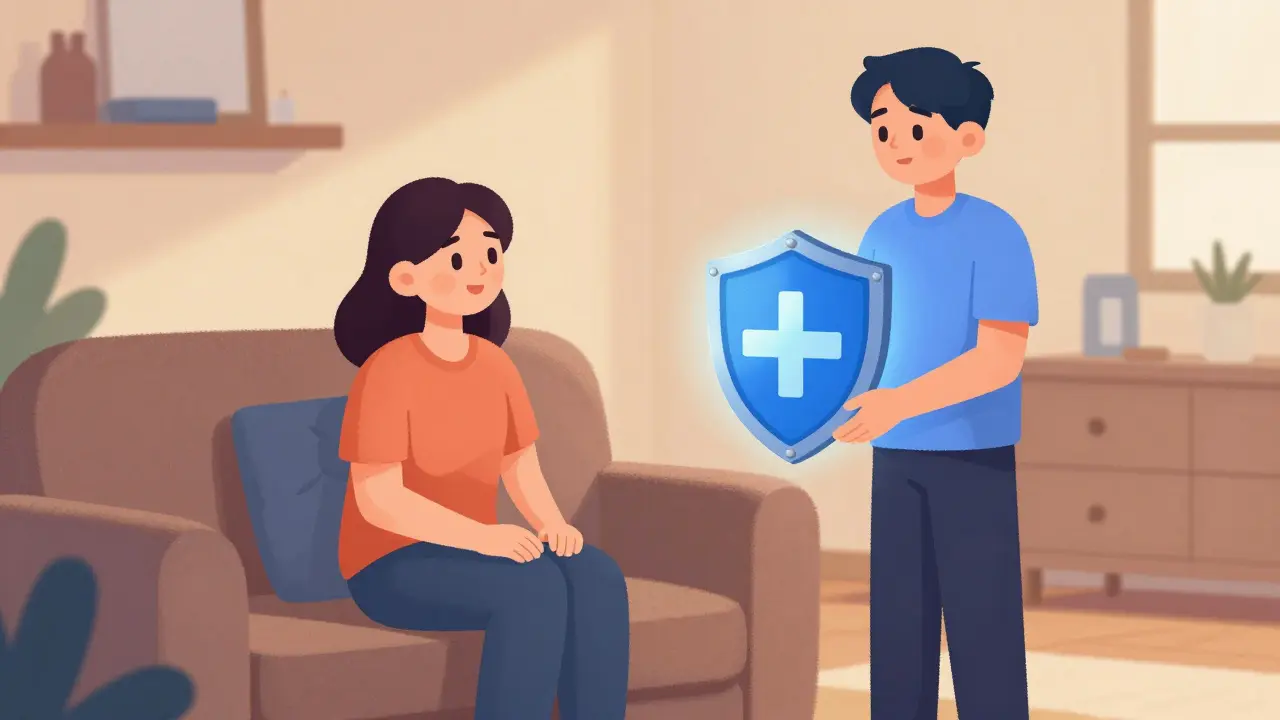 Two people in living room, one holding glowing safety shield for protection.