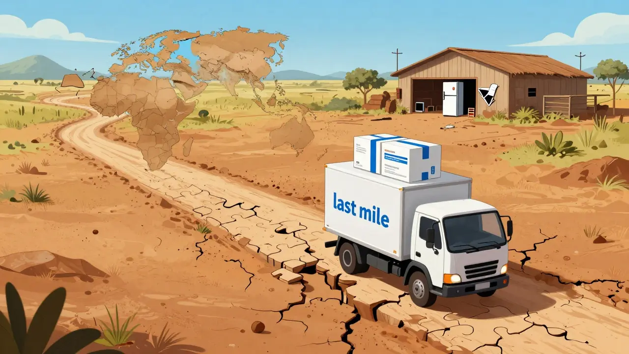 Cartoon of a delivery truck carrying medicine on a broken road in a rural setting.