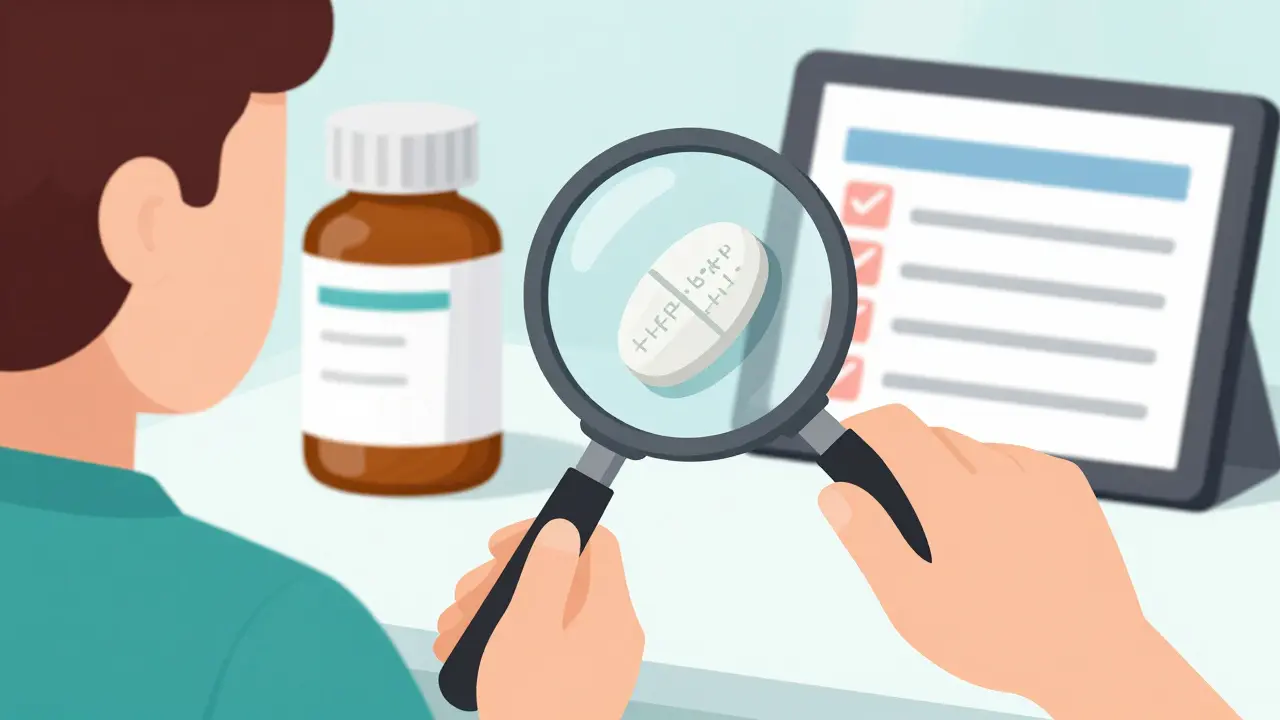 Close-up illustration of a magnifying glass examining the imprint code on a medication pill.