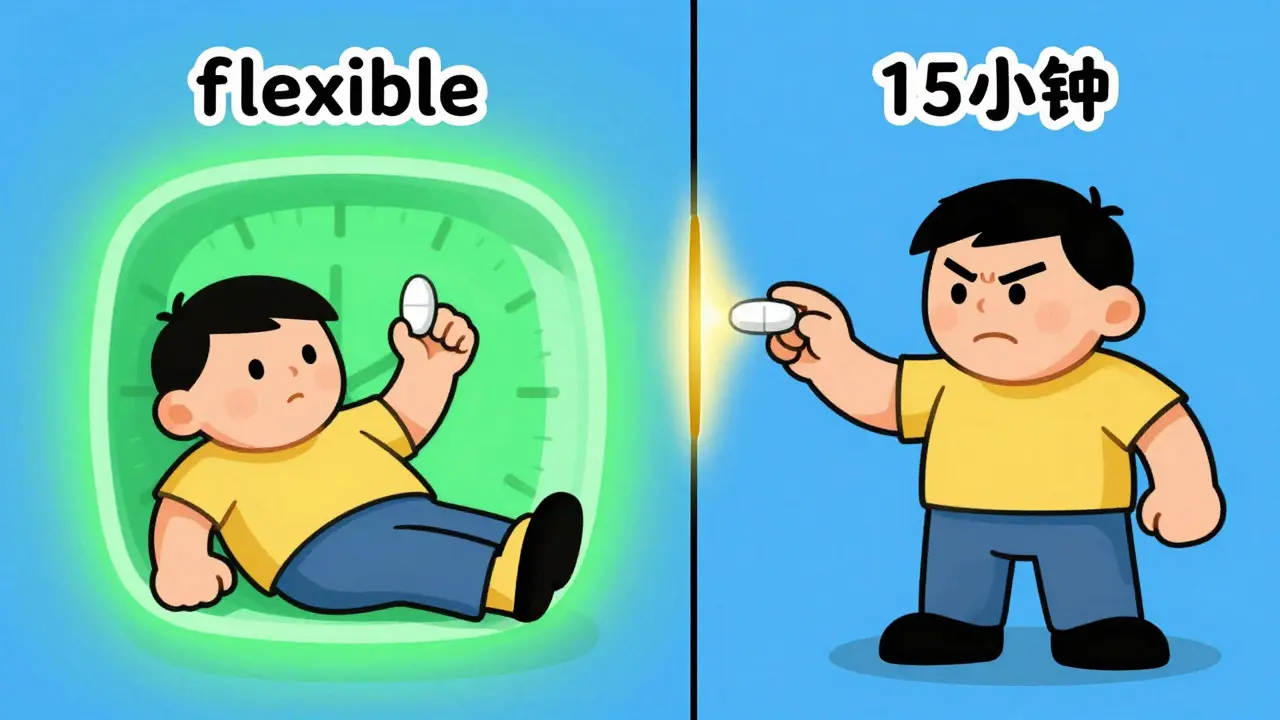 Comparison of flexible versus strict medication timing windows using colorful symbolic portals.