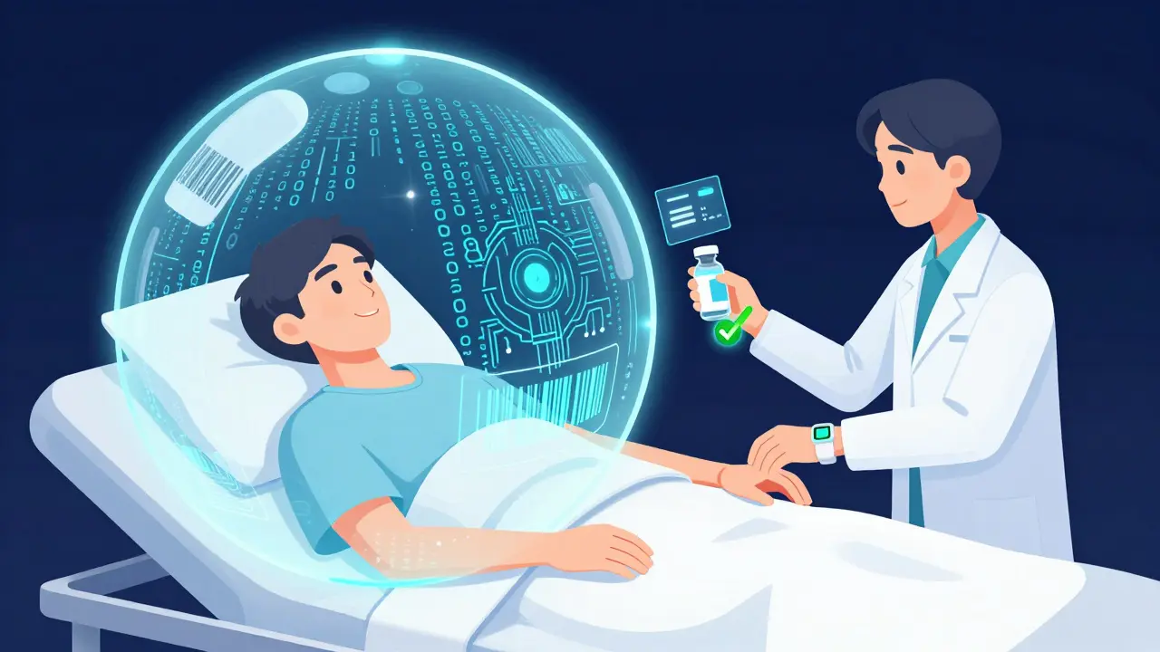 Digital holographic shield and AI scanning system protecting a patient from medication errors.