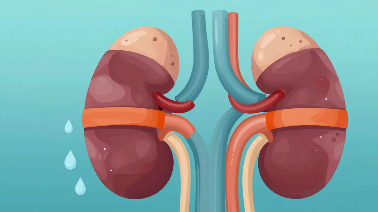 Editorial illustration showing narrowed blood vessels in a kidney to represent renal stress